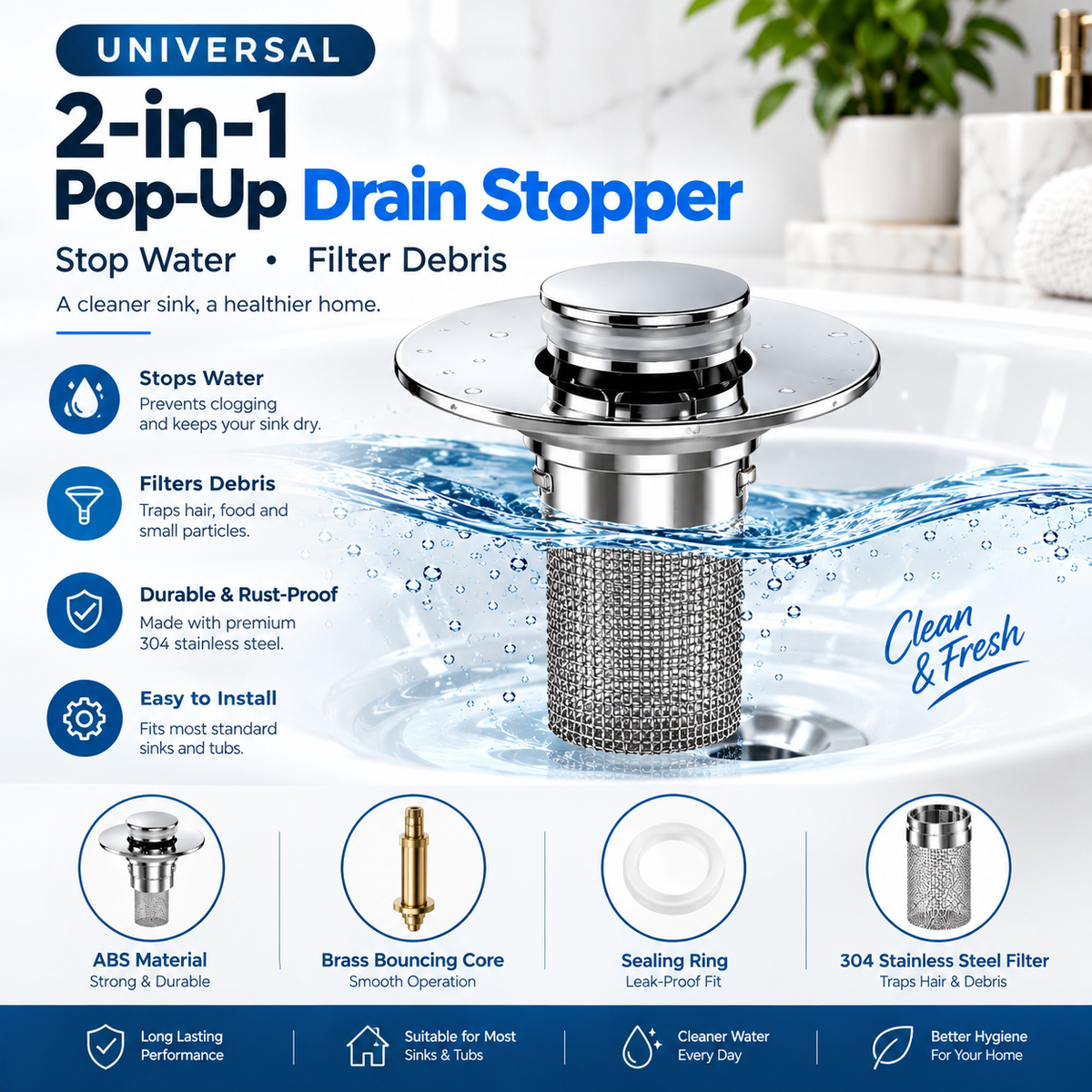 universal 2 in 1 pop up drain stopper