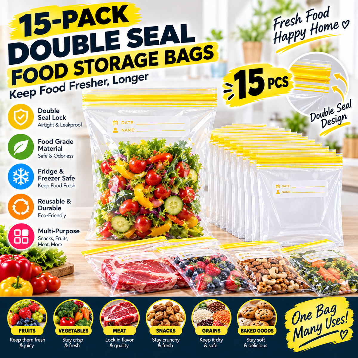 15 pack double seal food storage bags